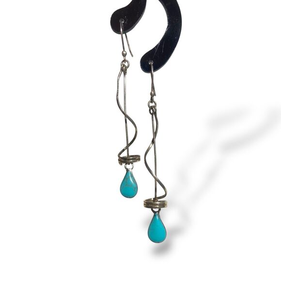 VTG 925 Silver Turquoise Dangle Earrings Made in Mexico 3” Drop Modernist Style - Picture 2 of 9